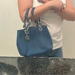 Michael Kors Blue Leather Shoulder Bag with Silver Chain Handles